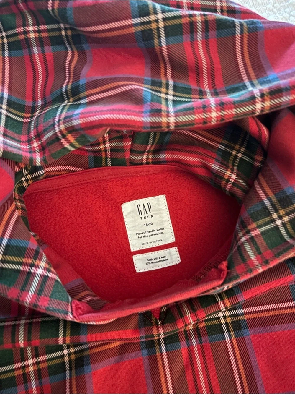 GAP Teen size 18-20 Red Plaid Hooded Sweatshirt
